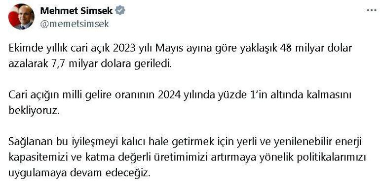 Bakan Şimşek: Cari açığın milli gelire oranının yüzde 1in altında kalmasını bekliyoruz