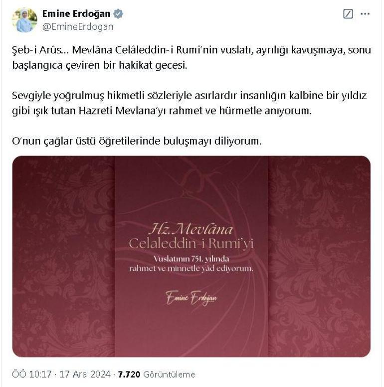 Emine Erdoğan: Hazreti Mevlanayı rahmet ve hürmetle anıyorum