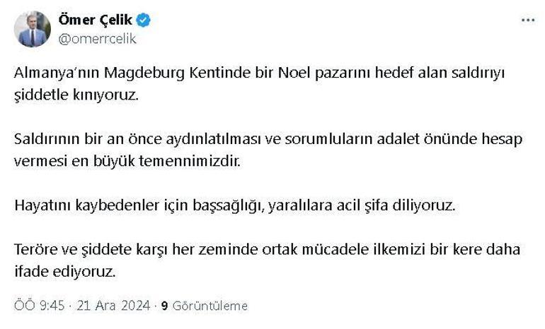 AK Partili Çelik: Almanyada Noel pazarını hedef alan saldırıyı şiddetle kınıyoruz