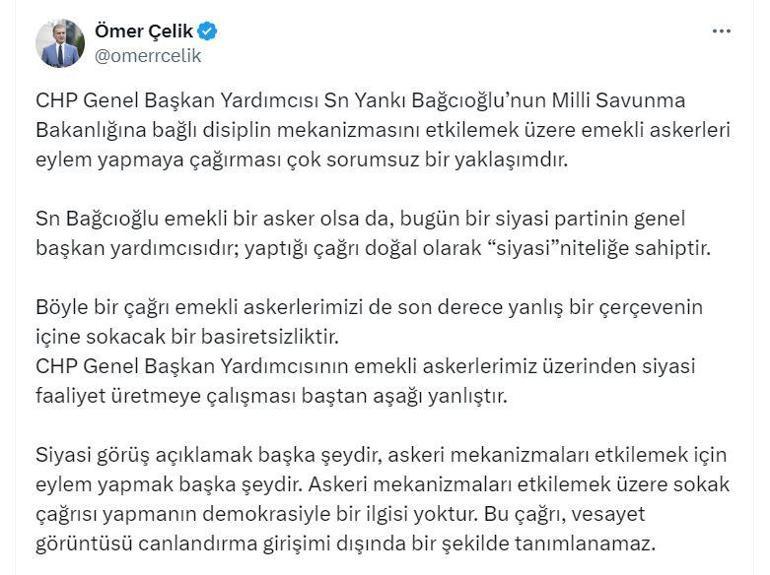 AK Partili Çelik: CHPli Bağcıoğlunun emekli askerleri eyleme çağırması sorumsuz bir yaklaşım