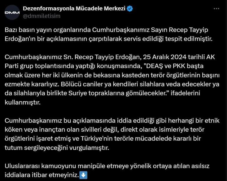 DMM: Cumhurbaşkanı Erdoğanın bir açıklamasının çarpıtılarak servis edildiği tespit edildi