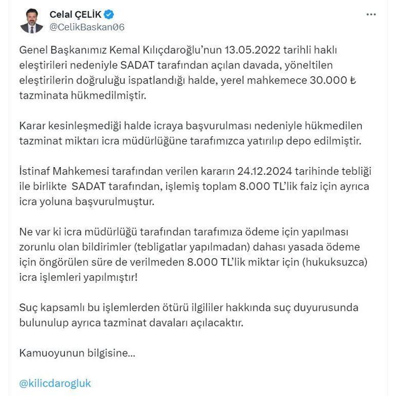 SADAT: Kılıçdaroğlunun mal varlıklarına haciz konuldu