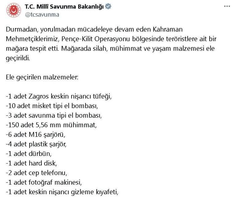 MSB: Pençe-Kilit bölgesinde çok sayıda silah ve mühimmat ele geçirildi