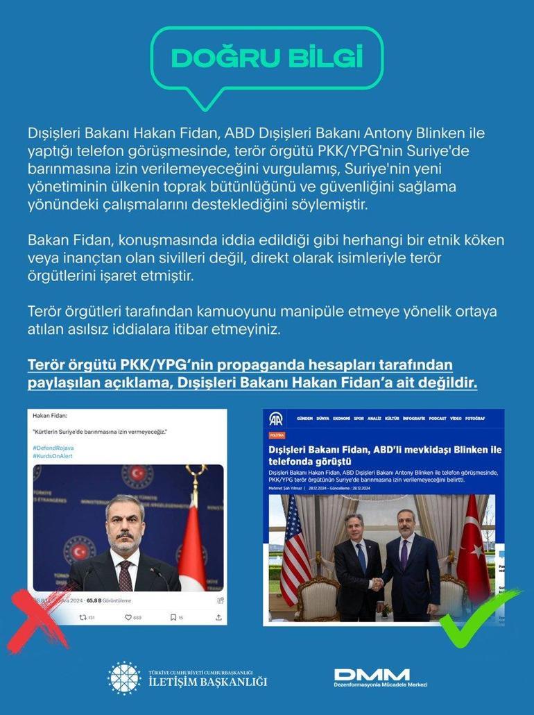 DMM: PKK/YPGnin propaganda hesapları tarafından paylaşılan açıklama, Bakan Fidan’a ait değildir