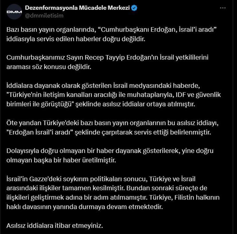 DMMden Cumhurbaşkanı Erdoğanın İsraili aradığı iddialarına yalanlama