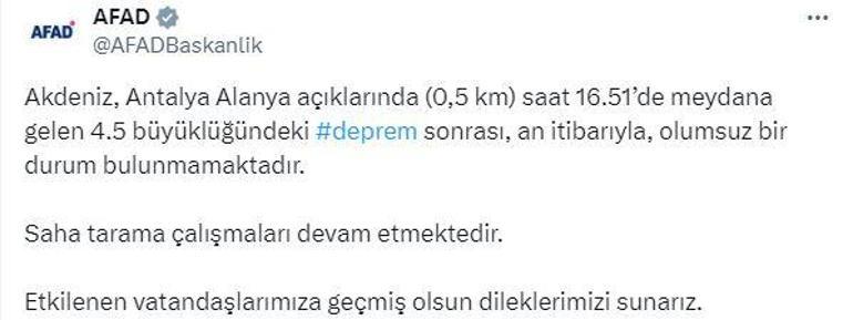 Akdenizde 4.5 büyüklüğünde deprem