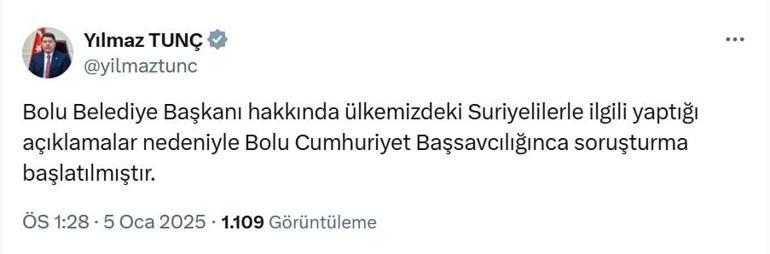 Bakan Tunç: Bolu Belediye Başkanı hakkında soruşturma başlatıldı