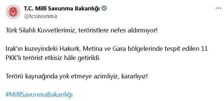 MSB: Irakın kuzeyinde 11 terörist etkisiz hale getirildi