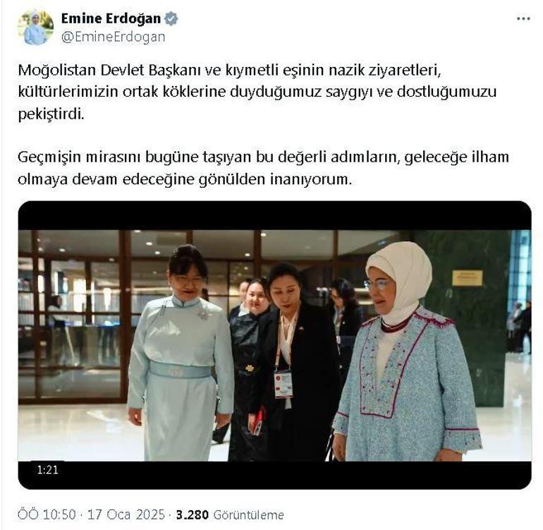Emine Erdoğandan Moğolistan Cumhurbaşkanı ve eşinin ziyaretine ilişkin paylaşım