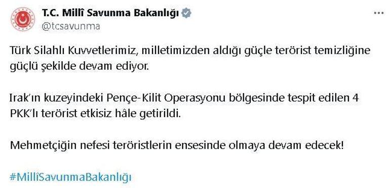 MSB: Irakın kuzeyinde 4 terörist etkisiz hale getirildi