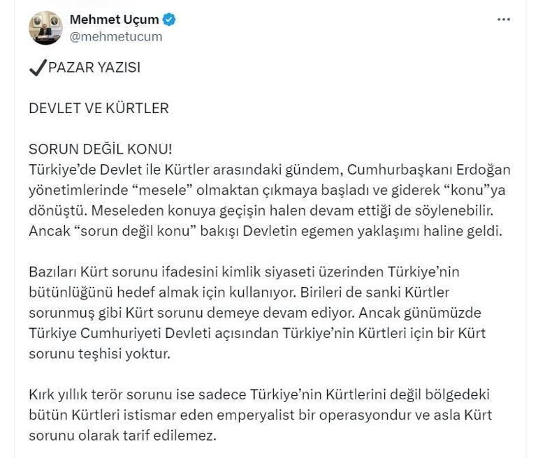 Cumhurbaşkanı Başdanışmanı Uçum: Türkiye Cumhuriyeti açısından bir Kürt sorunu teşhisi yoktur