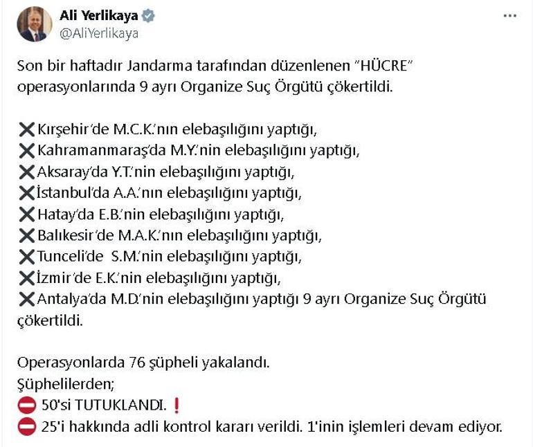 9 ilde suç örgütü operasyonlarında 50 tutuklama