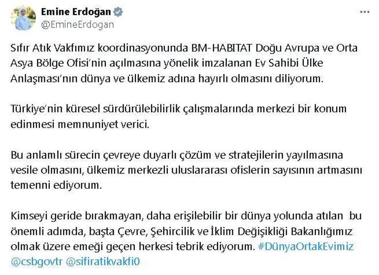 Emine Erdoğandan BM-HABITATın Türkiyede bölge ofisi açmasına ilişkin paylaşım