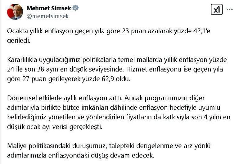 Bakan Şimşek: Enflasyonda son 4 yılın en düşük ocak ayı verisi gerçekleşti
