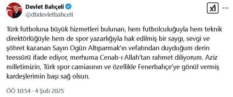 Bahçeliden, Ogün Altıparmak için başsağlığı mesajı