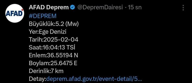 Ege Denizinde 5.2 büyüklüğünde deprem