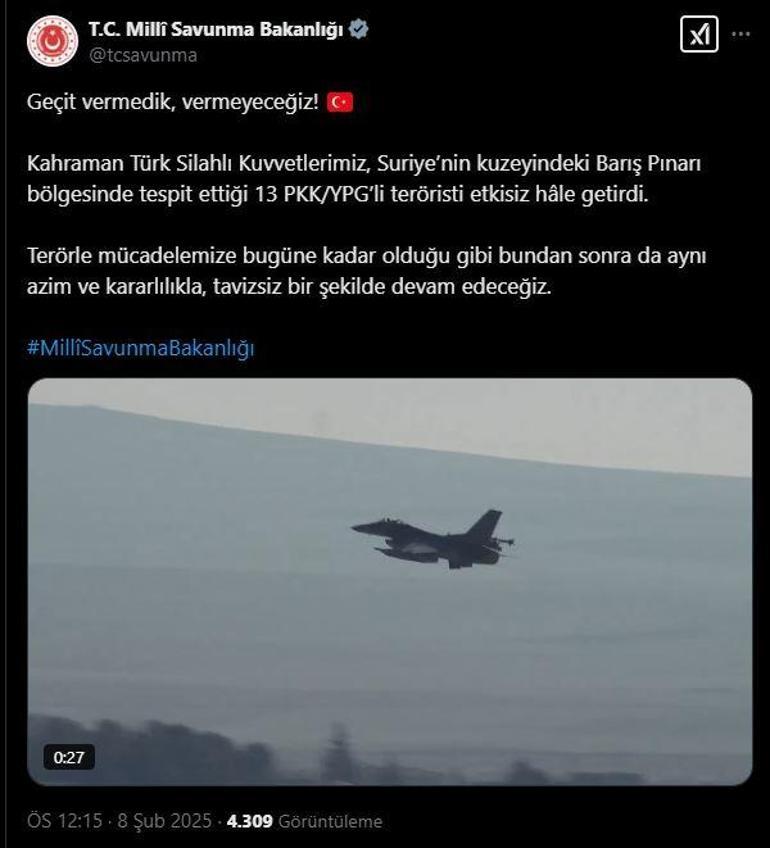 MSB: Suriyenin kuzeyinde 13 terörist etkisiz hale getirildi