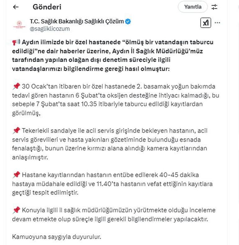 Ölü hasta taburcu edildi iddiasına inceleme