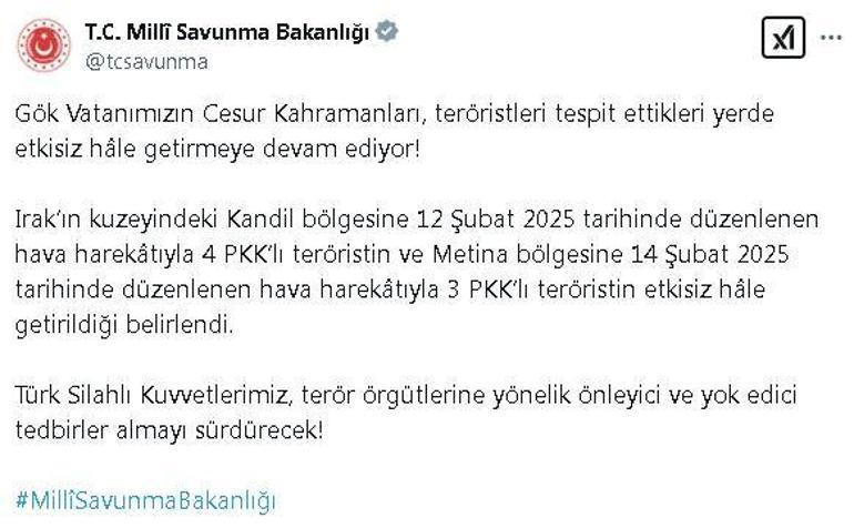 MSB: Irakın kuzeyinde 7 terörist etkisiz hale getirildi