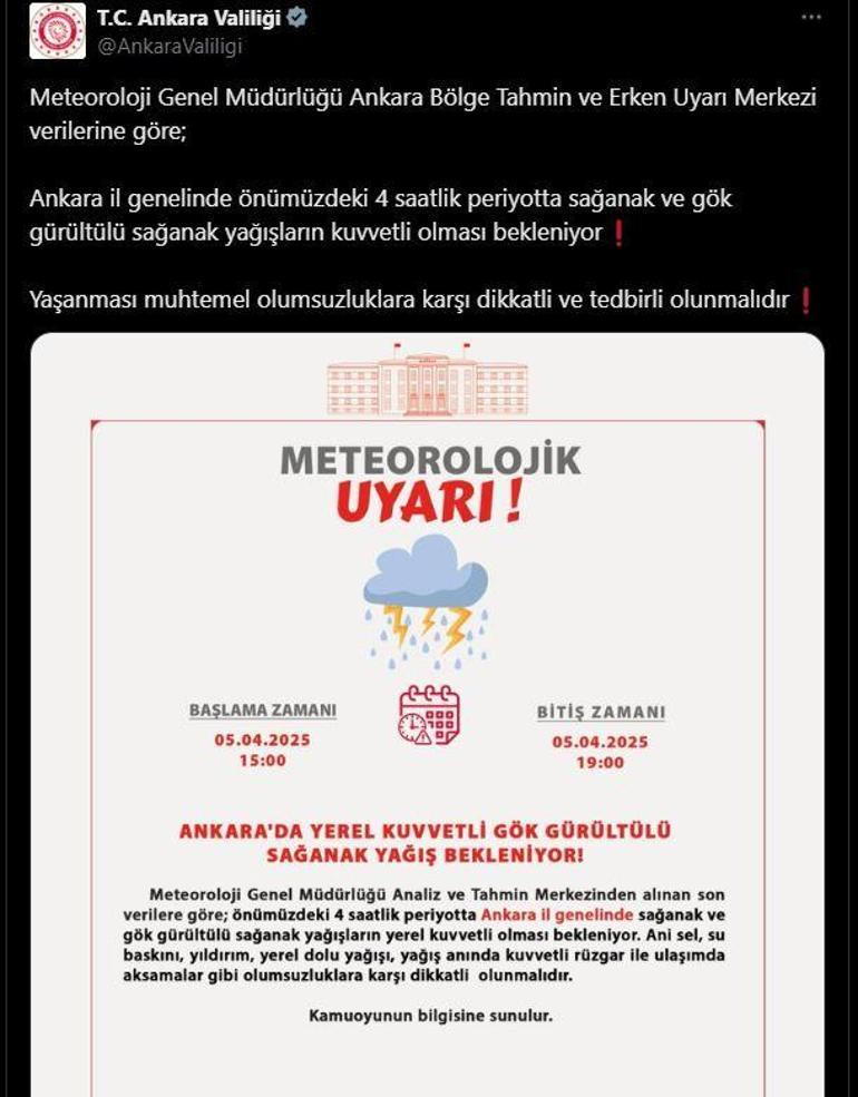 Ankara Valiliğinden sağanak uyarısı