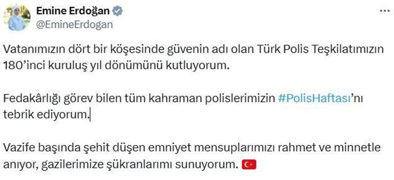 Emine Erdoğandan Türk Polis Teşkilatının 180inci kuruluş yıl dönümü mesajı