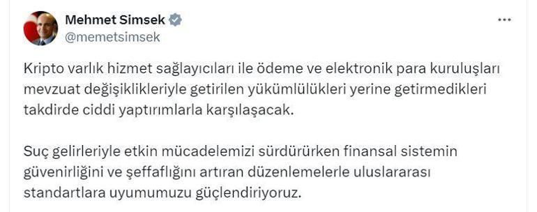 Bakan Şimşekten kripto hizmet sağlayıcıları ve ödeme kuruluşlarına uyarı