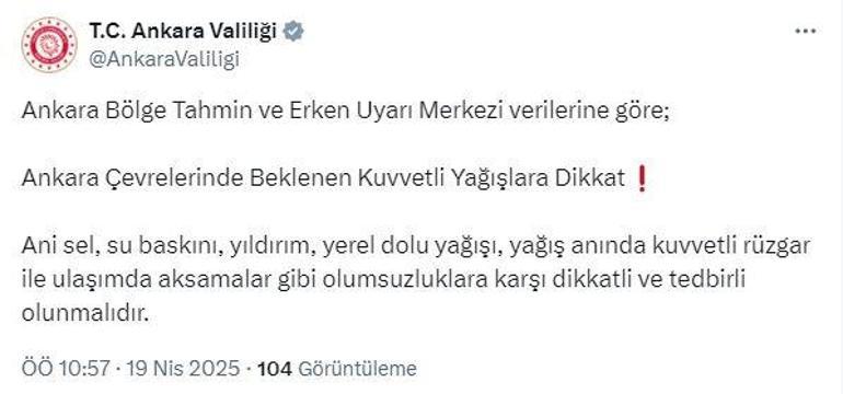 Ankara Valiliğinden rüzgar ve yağış uyarısı