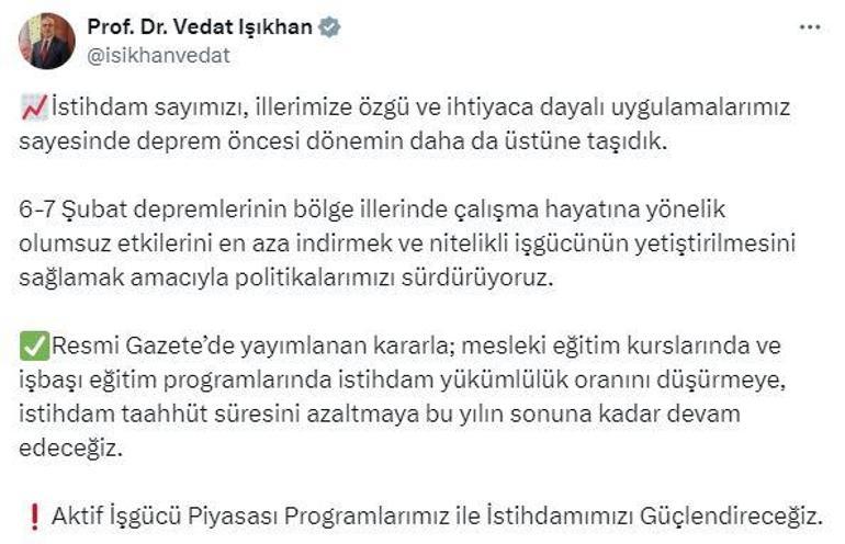 Bakan Işıkhan: İstihdam sayımızı, deprem öncesi dönemin üstüne taşıdık