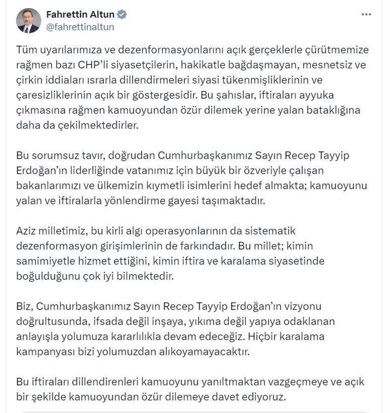 Fahrettin Altun: Bazı CHPli siyasetçilerin çirkin iddiaları, siyasi tükenmişliklerinin açık bir göstergesi