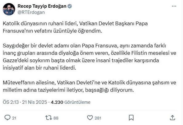 Cumhurbaşkanı Erdoğandan, Papa Fransuva için taziye mesajı