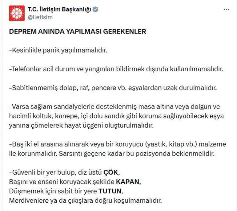 İletişim Başkanlığından, Deprem anında yapılması gerekenler paylaşımı