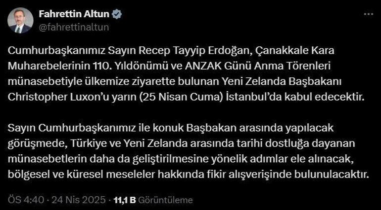 Cumhurbaşkanı Erdoğan, Yeni Zelanda Başbakanı Christopher Luxon’u kabul edecek