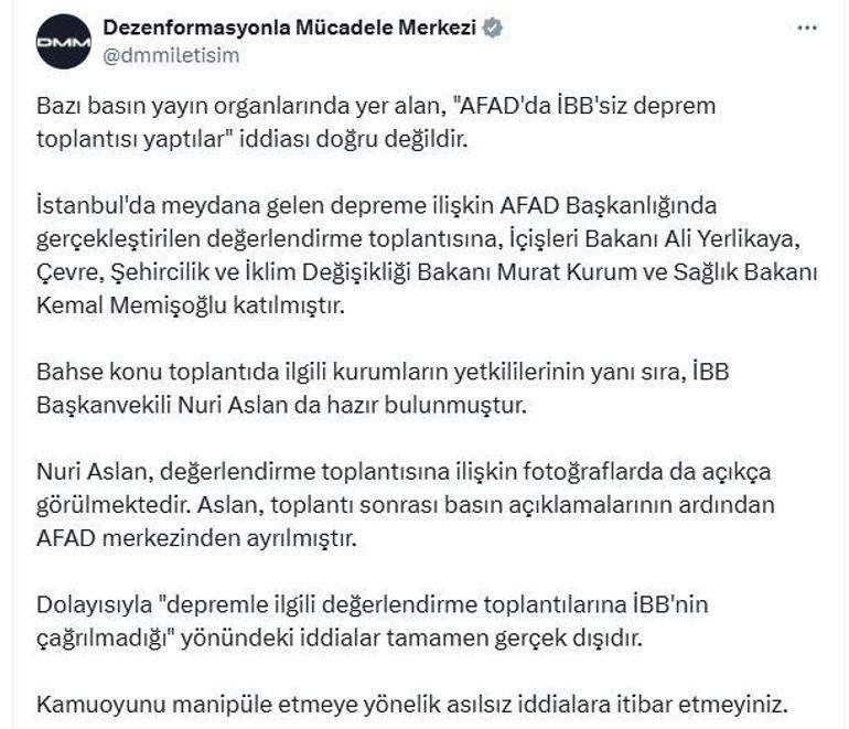 DMM: AFADda İBBsiz deprem toplantısı yaptılar iddiası doğru değildir