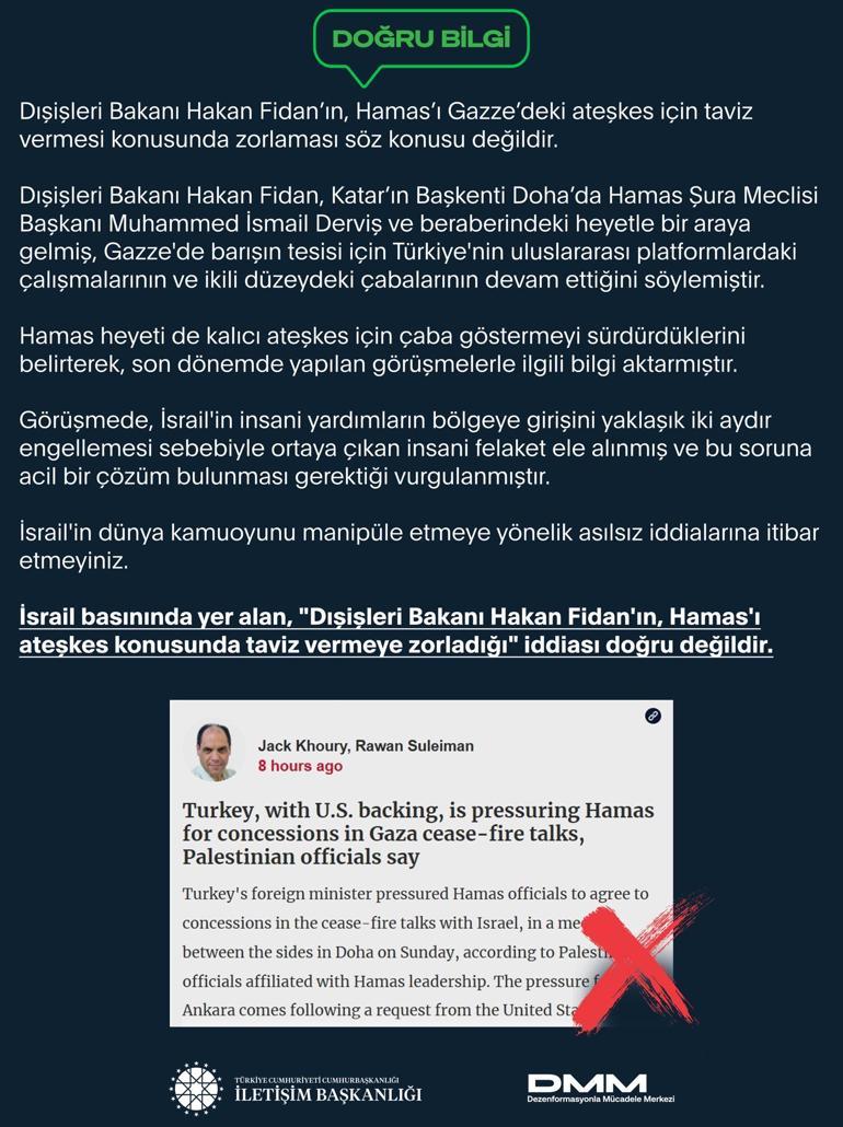 DMM: ‘Bakan Fidan’ın Haması ateşkes konusunda taviz vermeye zorladığı’ iddiası doğru değildir
