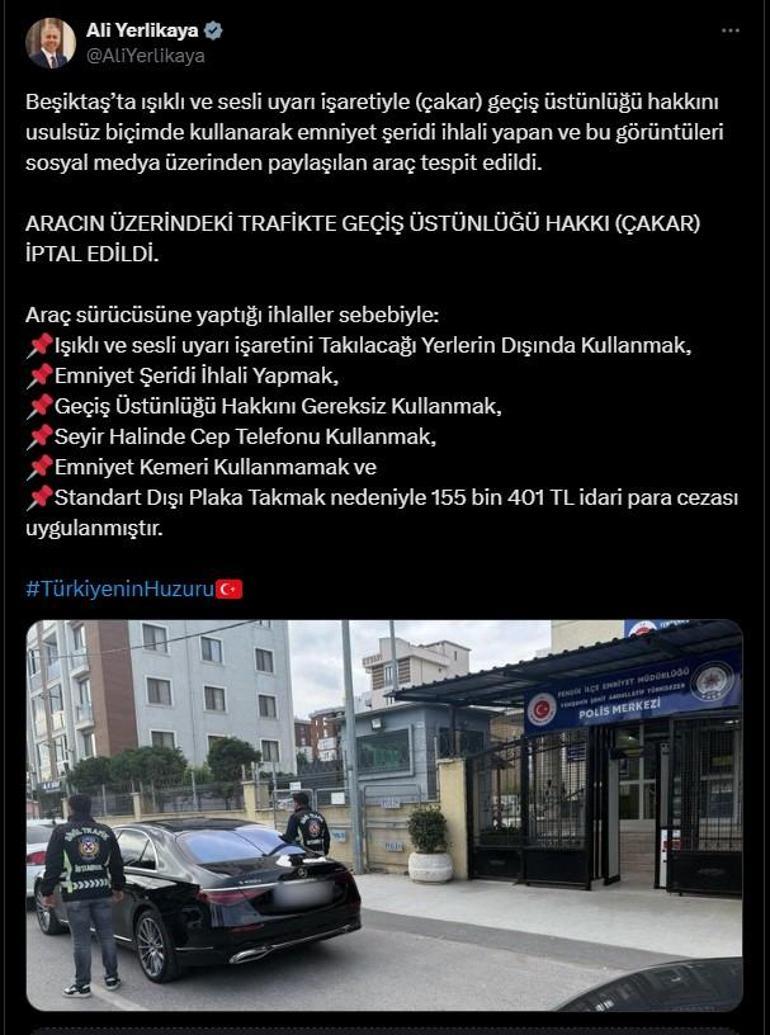 Bakan Yerlikaya açıkladı: Beşiktaştaki aracın çakarı iptal edildi