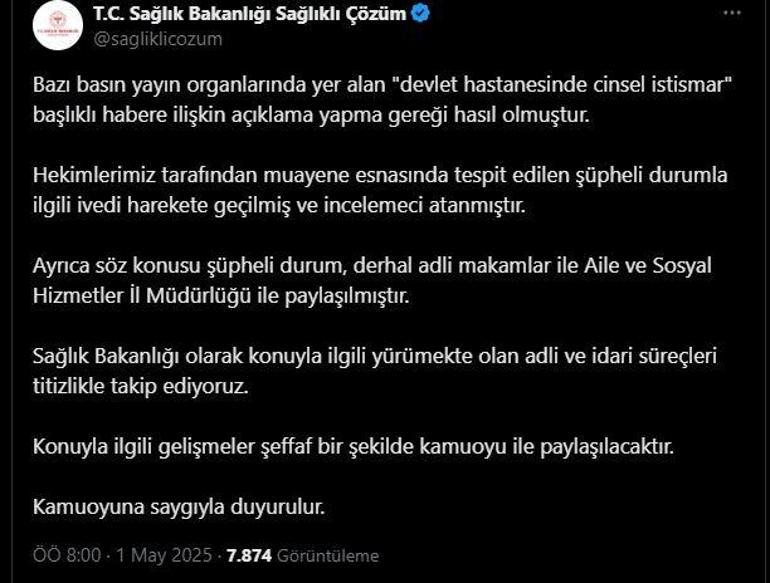 Bakanlıktan, devlet hastanesinde cinsel istismar iddiasına ilişkin açıklama