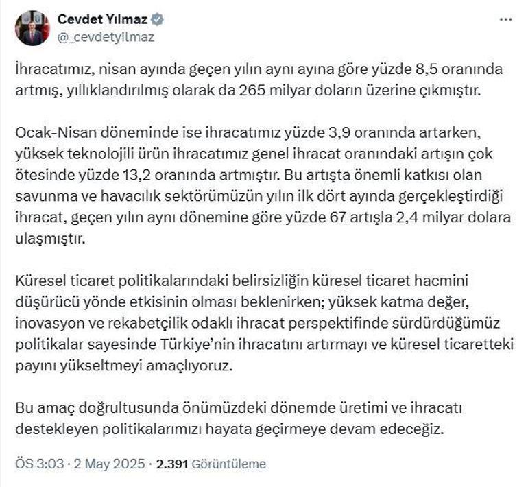 Cevdet Yılmaz: Türkiyenin küresel ticaretteki payını yükseltmeyi amaçlıyoruz