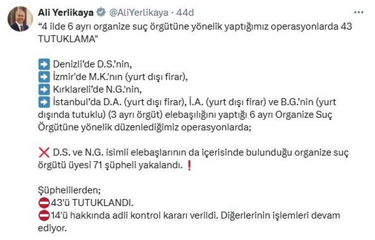 4 ilde, 6 ayrı organize suç örgütüne yönelik operasyon; 43 tutuklama