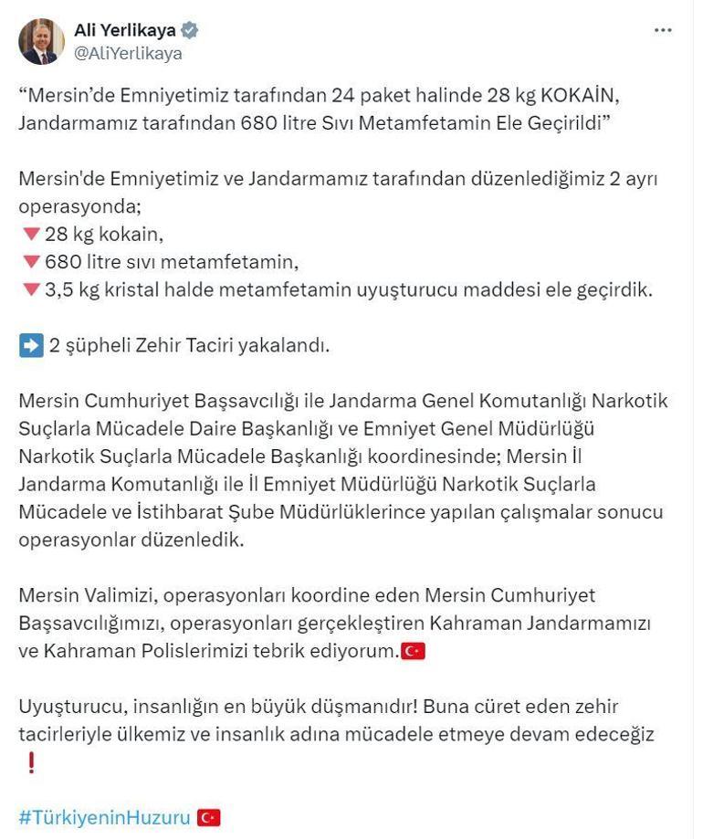 Mersinde 28 kilo kokain, 680 litre sıvı metamfetamin ele geçirildi