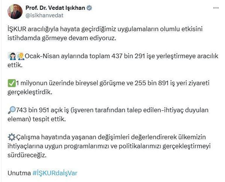 Bakan Işıkhan: Ocak-nisan aylarında 437 bin 291 işe yerleştirmeye aracılık ettik
