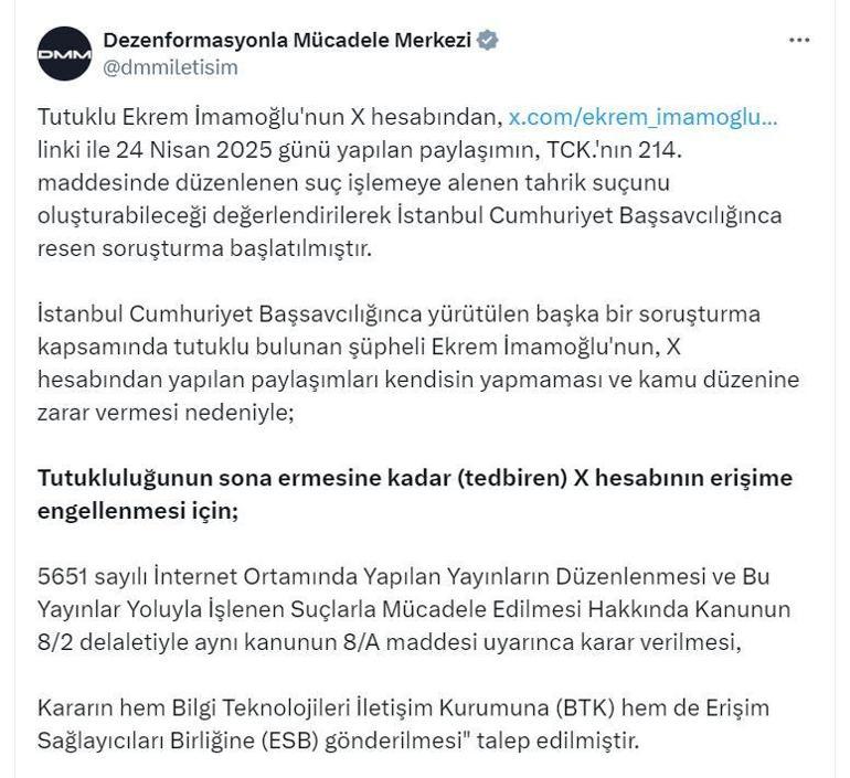 DMM: Ekrem İmamoğlunun X hesabına yargı kararıyla erişim engeli getirildi