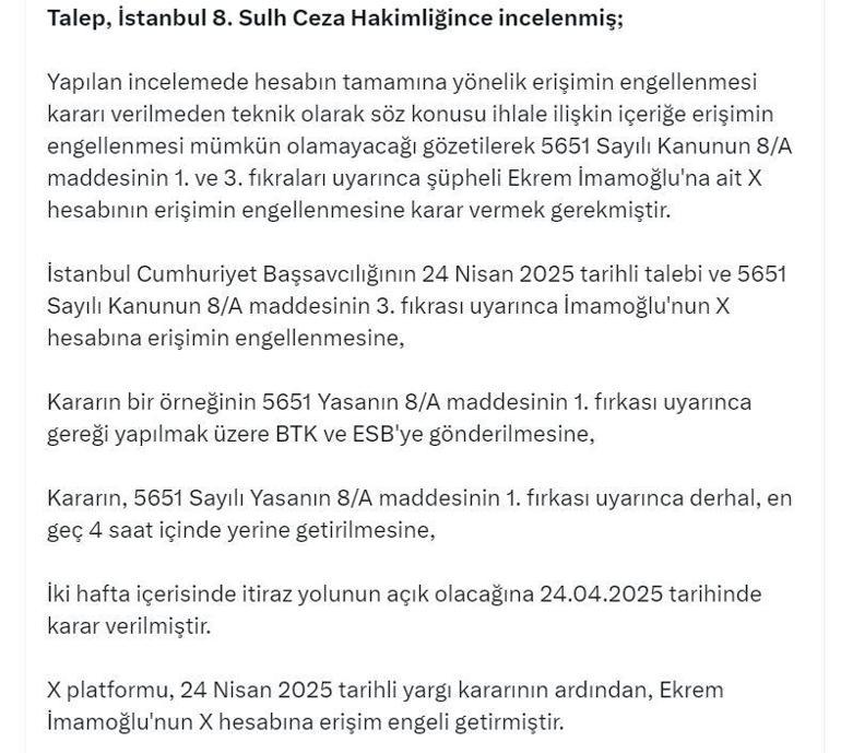 DMM: Ekrem İmamoğlunun X hesabına yargı kararıyla erişim engeli getirildi