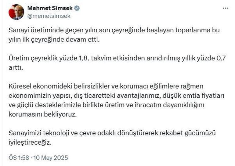 Bakan Şimşek: Sanayi üretimindeki toparlanma devam etti