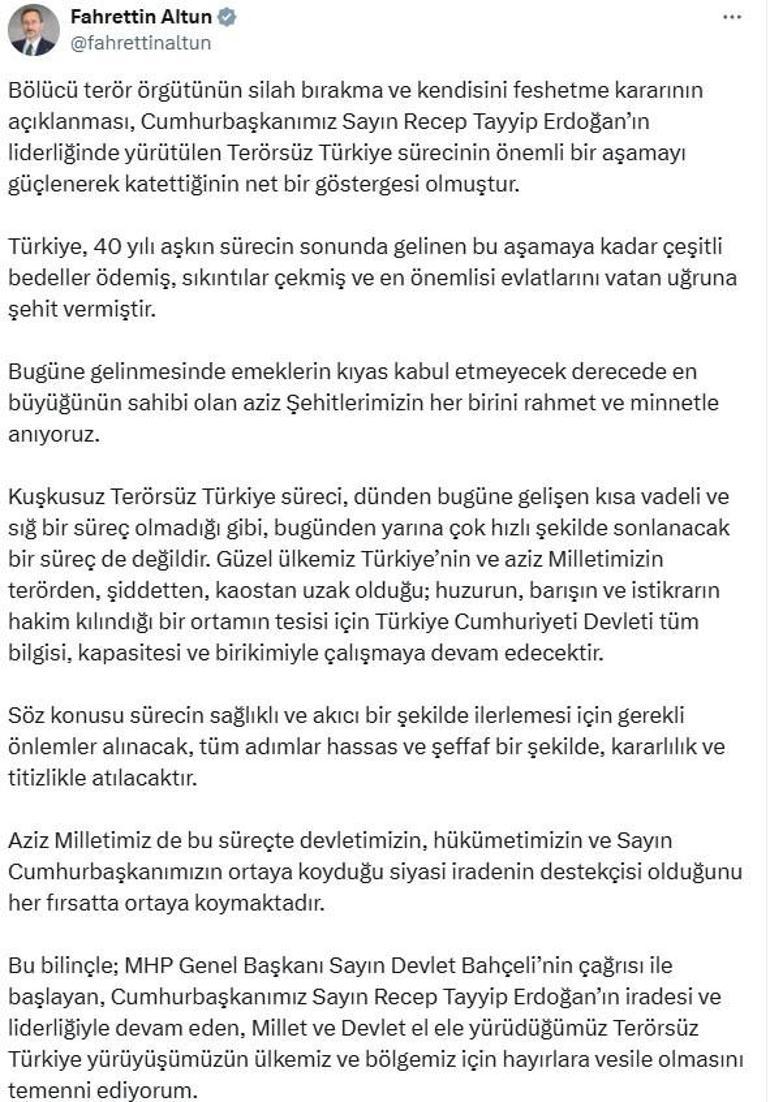 İletişim Başkanı Altun: Silah bırakma kararı, sürecin önemli bir aşamayı katettiğinin göstergesi