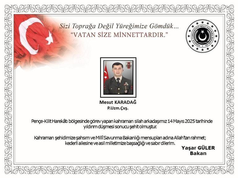 MSB: Pençe-Kilit bölgesine yıldırım düşmesi sonucu 1 asker şehit oldu