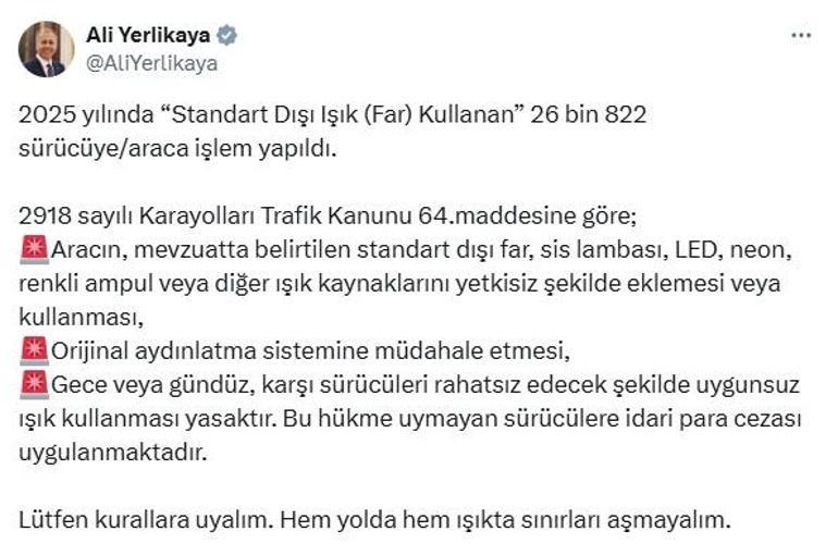 Standart dışı far kullanan 26 bin 822 sürücüye/araca ceza