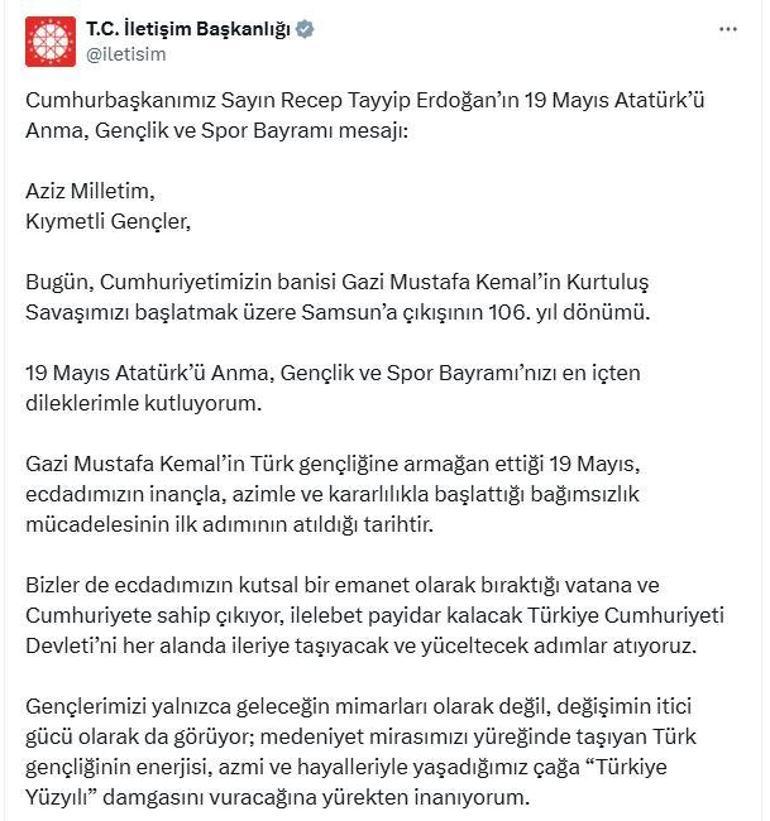 Cumhurbaşkanı Erdoğandan 19 Mayıs mesajı