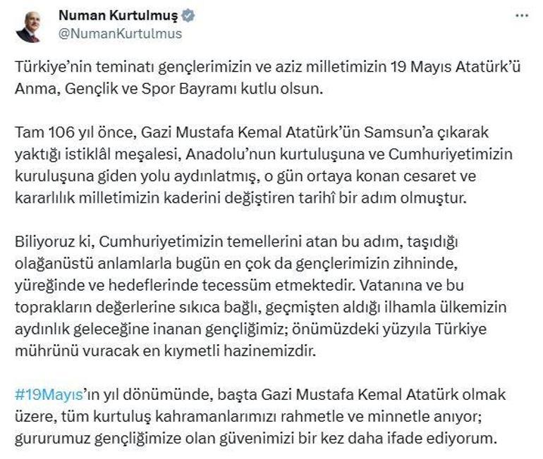 TBMM Başkanı Kurtulmuştan 19 Mayıs mesajı