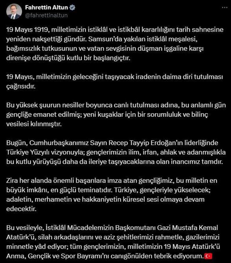 Fahrettin Altundan 19 Mayıs mesajı