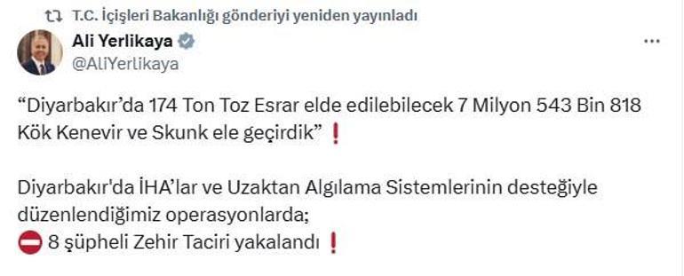 Diyarbakırda 7 milyon 543 bin kök kenevir ve skunk ele geçirildi: 8 gözaltı